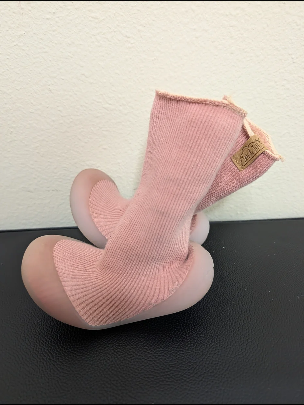 Jan and Jul Baby Sock Shoes Pink Ribbed Knit Rubber Sole Size 7